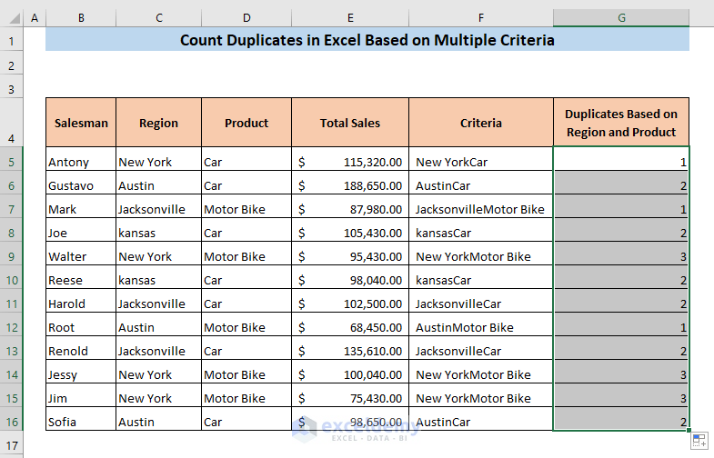 count duplicates in excel multiple criteria