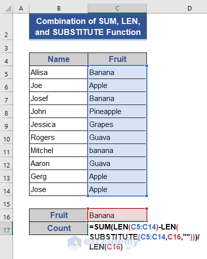 SUM, LEN, SUBSTITUTE Function to Count the Number of a Text String in Excel