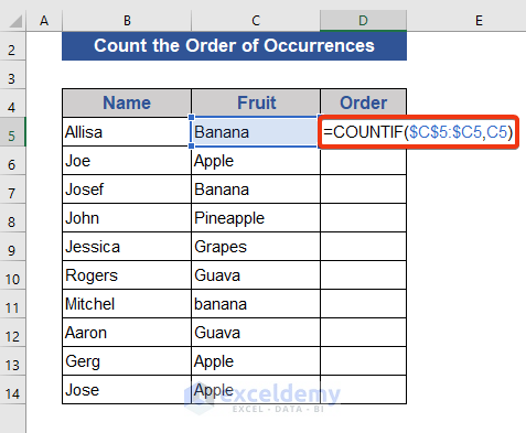 Count the Order of Occurrence of Repeated Words in Excel