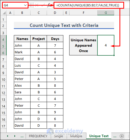 Count Unique Text Values with Criteria in Excel