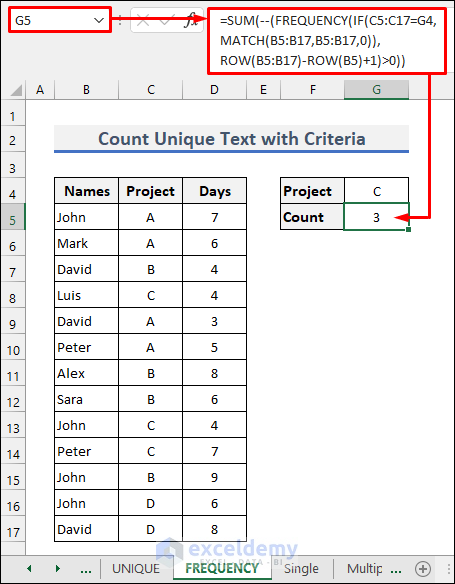 FREQUENCY Function to Count Unique Text Values with Criteria