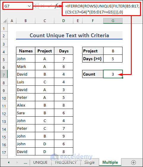 Count Unique Text Values with Multiple Criteria