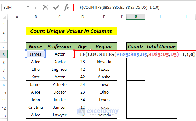 Count Unique Values in Multiple Columns IF function