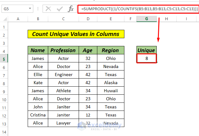 Count Unique Values in Multiple Columns SUMPRODUCT