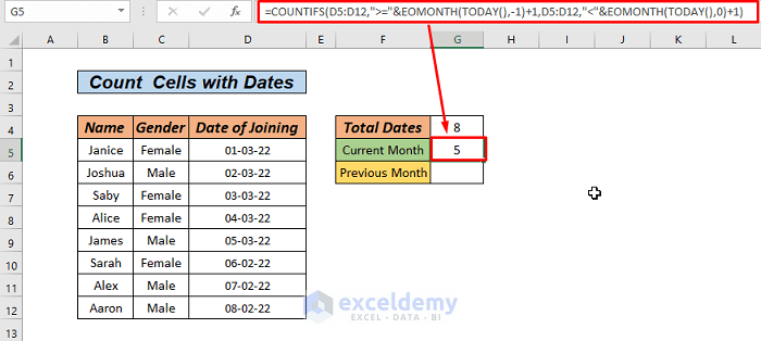 count number of cells with dates for current month