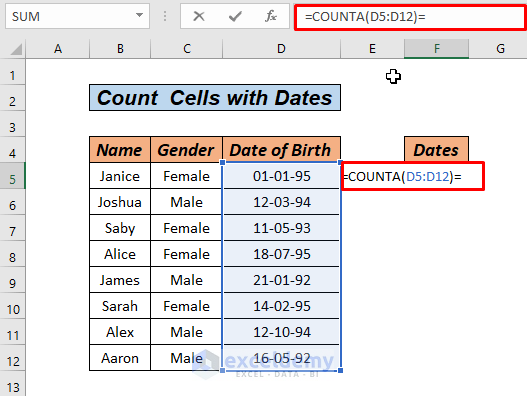 Count cells with Dates using COUNTA