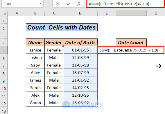 Count cells with Dates using vba