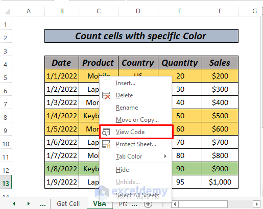 Count cells with specific color using vba