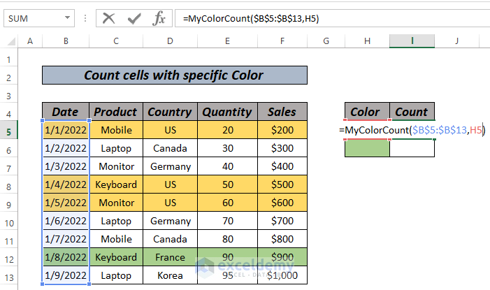 Count cells with specific color vba