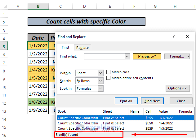 Count cells with specific color using Find