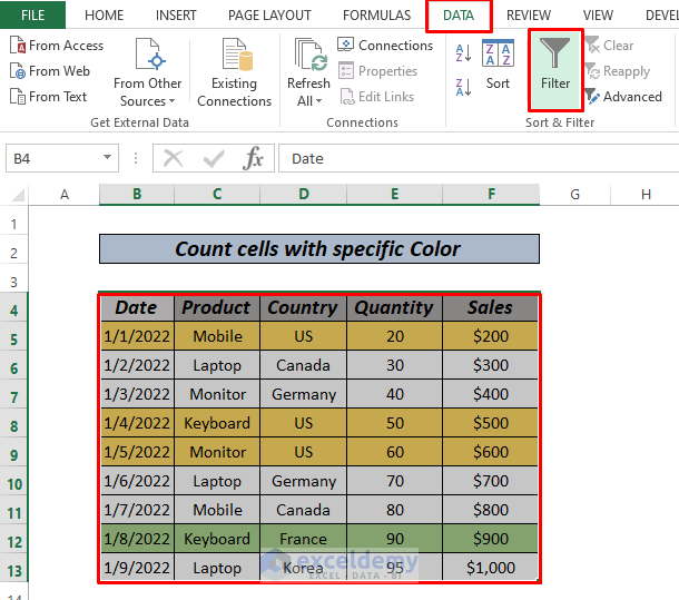 Count cells with specific color using Filter