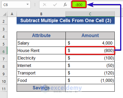 Create a Formula to Subtract Multiple Cells from One Cell