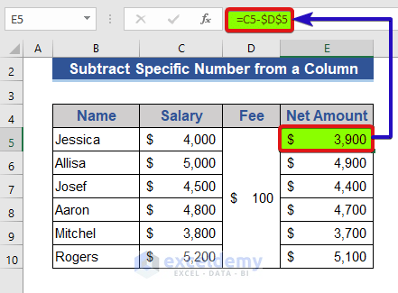 Subtract Specific Number from a Column in Excel