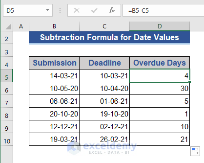 Subtraction Formula in Excel for Date Values