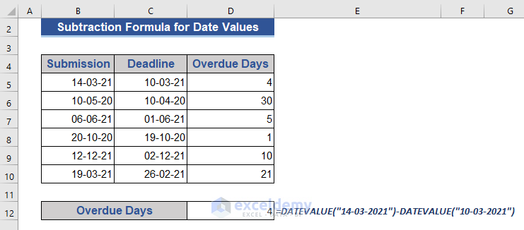 Subtraction Formula in Excel for Date Values