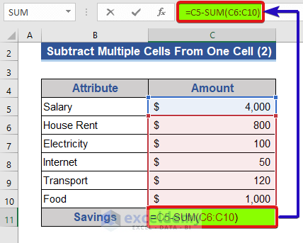 Create a Formula to Subtract Multiple Cells from One Cell