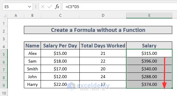 create a formula in excel without using a function