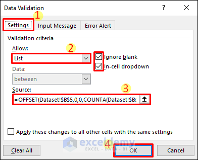 Data Validation Drop Down List with Excel Table Dynamic Range Using OFFSET Function