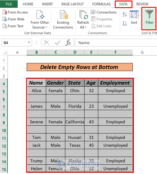 Delete Empty Rows at Bottom by filter