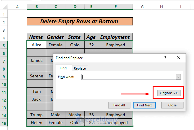 Delete Empty Rows at Bottom using Find