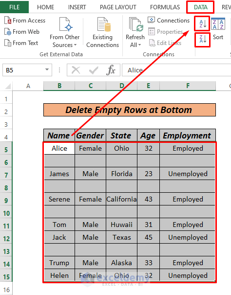 Delete Empty Rows at Bottom by sort