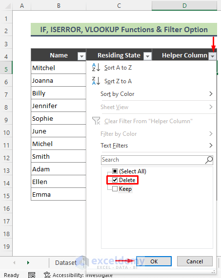 Apply Filter Option with Combination of IF, ISERROR, VLOOKUP Functions to Remove Rows Based on Another List