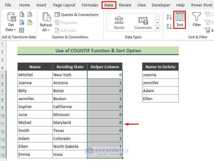 Delete Rows Based on Another List by Applying Excel COUNTIF Function and Sort Option