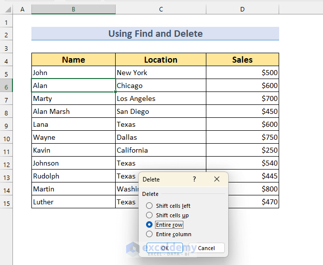Delete Rows using Find Feature of Excel with Specific Text 