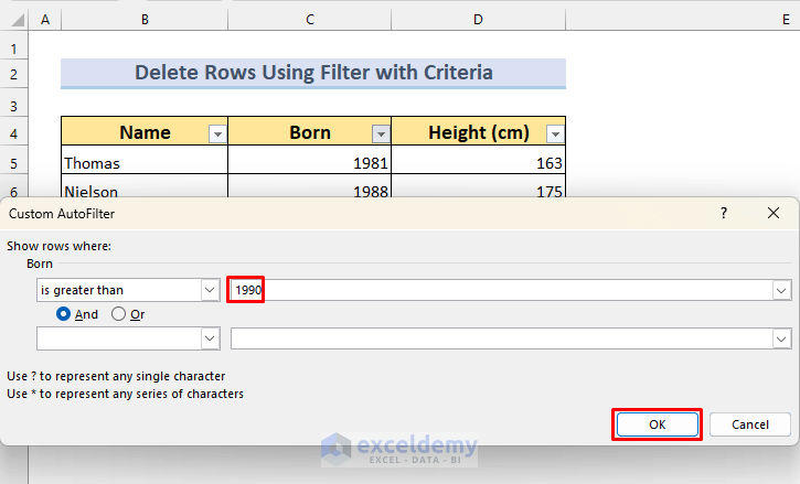 Delete Rows Using Filter Feature of Excel with Specific Text and Criteria