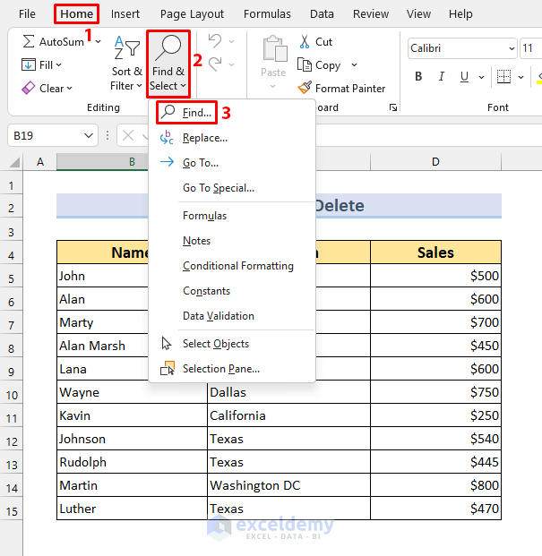 Delete Rows using Find Feature of Excel