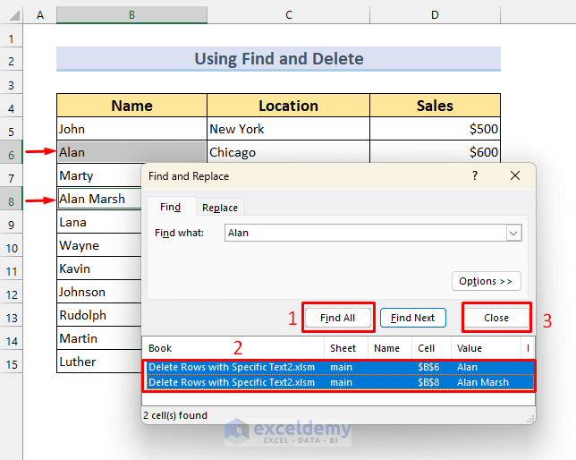 Delete Rows using Find Feature of Excel with Partial Text Matching
