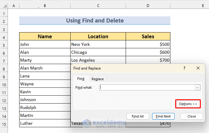 Delete Rows using Find Feature of Excel with Full Matched Text