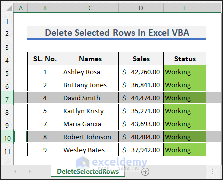 Delete selected rows in Excel VBA