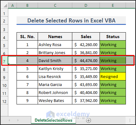 Delete selected rows in Excel VBA : Result