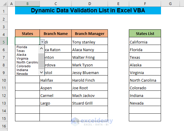 excel vba dynamic data validation list