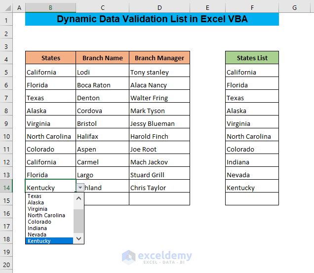 excel vba dynamic data validation list