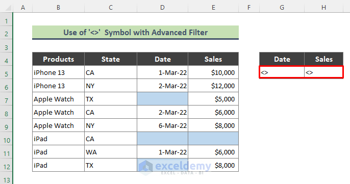 Delete Empty Cells Using ‘<>’ Symbol Along with Advanced Filter in Excel