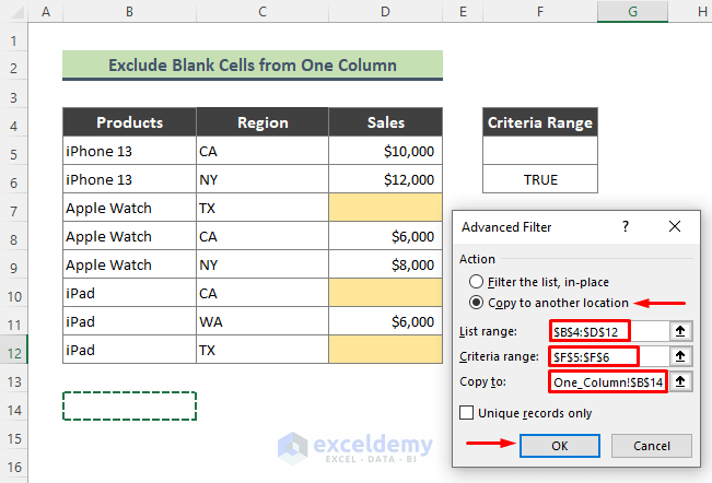 Remove Empty Cells from One Column Using  Excel Advanced Filter