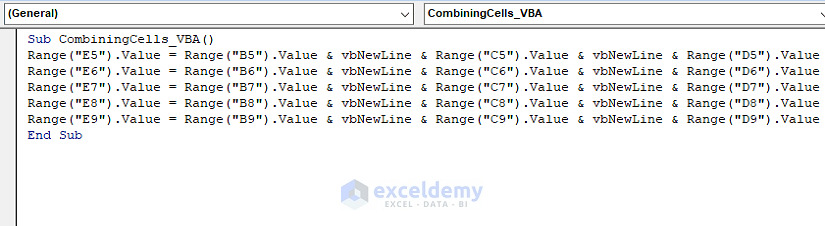 Excel Combine Cells into One with Line Break Using the VBA Code