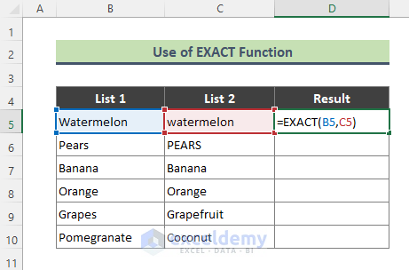Compare Two Cells and Return TRUE or FALSE with Excel EXACT Function