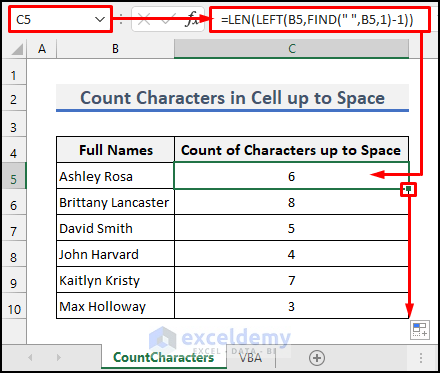Excel Count Characters in Cell up to Space