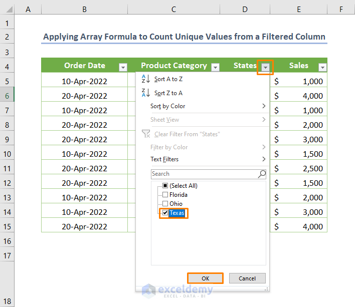 Excel Count Unique Values in Filtered Column Applying Array Formula