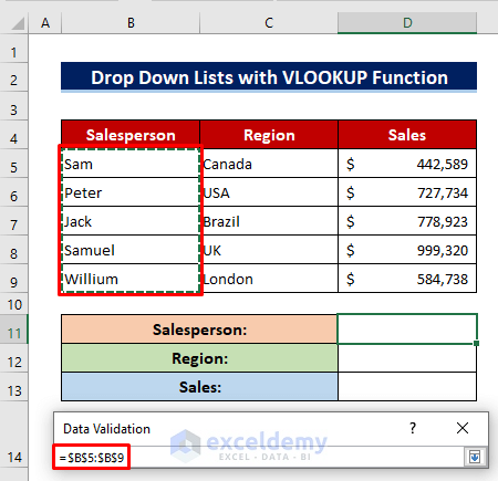 Use Drop-down List of Data Validation with VLOOKUP Function in Excel
