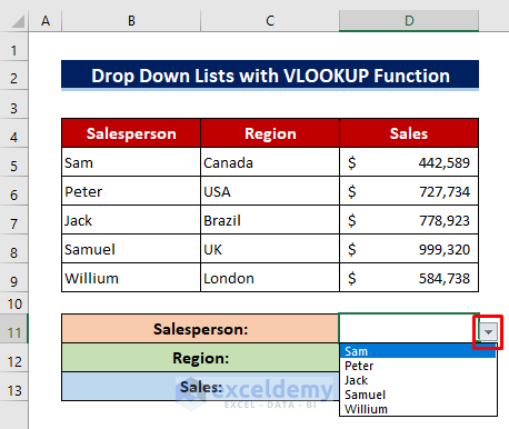 Use Drop-down List of Data Validation with VLOOKUP Function in Excel