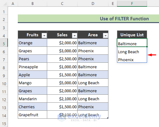 Excel FILTER Function to Extract Data Based on Data Validation Drop Down List