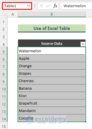 Using Excel Table