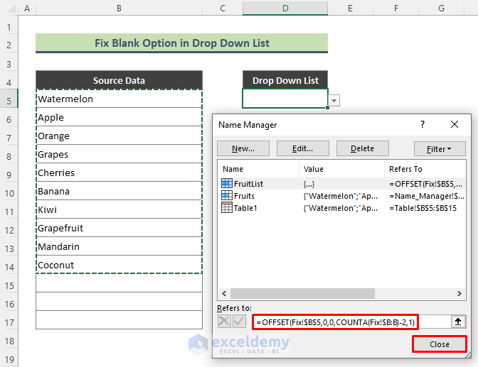 Fix Blank Option in Drop Down List Using Dynamic Named Range with Excel Formula