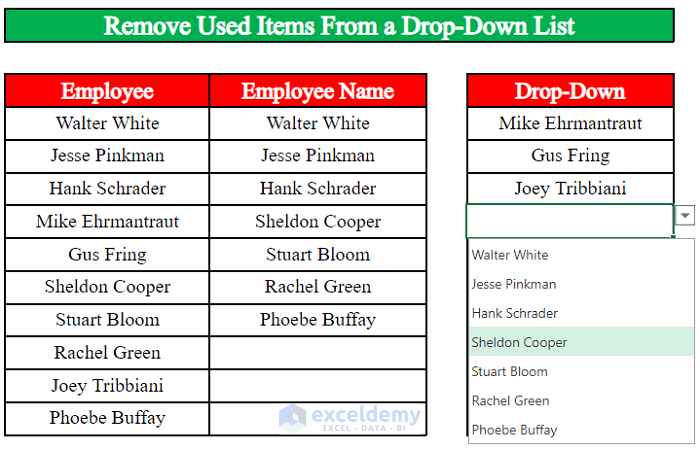 excel drop down list remove used items