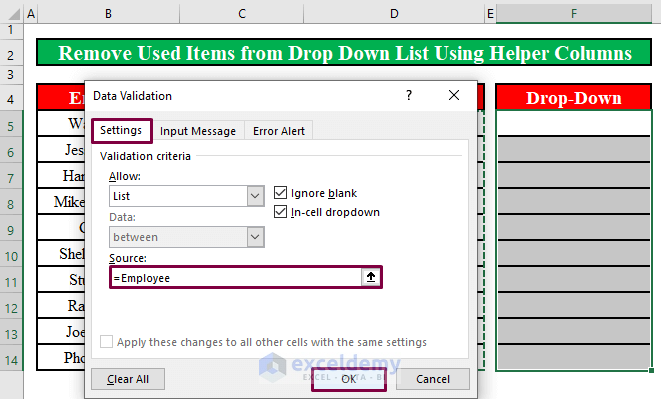 Use Helper Columns to Remove Used Items from Drop Down List in Excel