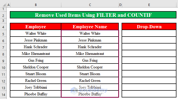 : Remove Used Items from Drop Down List in Excel Using FILTER and COUNTIF Function